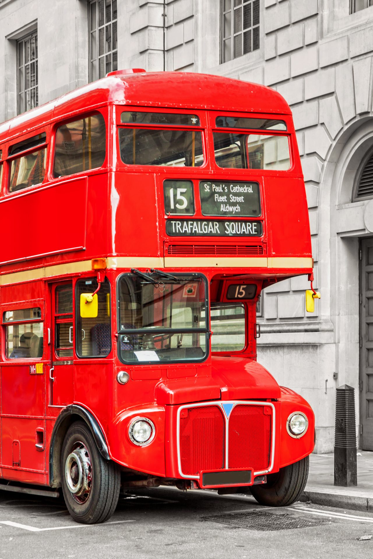 The iconic Routemaster red London bus with bus blind